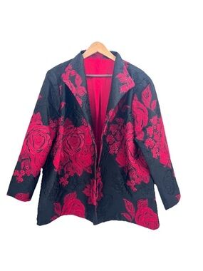 Vintage Custom Handmade Red Black Floral Jacquard Fancy Evening Jacket Womens 2X